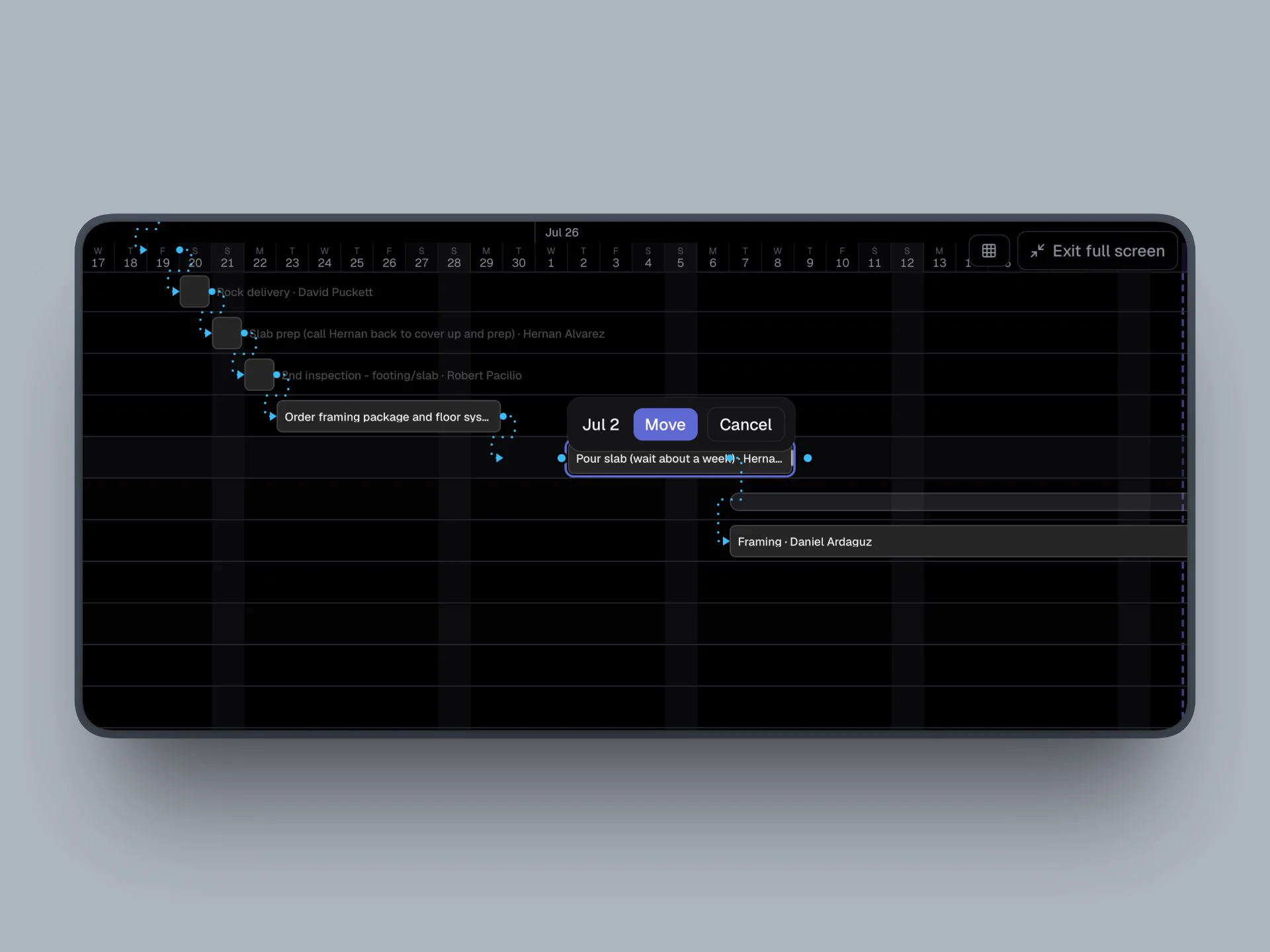 Mobile gantt chart showing a selected task with Move and Cancel confirmation controls